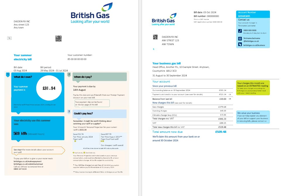 United Kingdom British Gas business utility bill PSD template